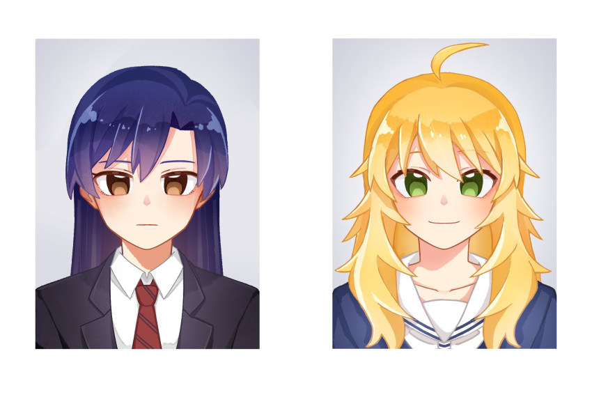 2girls, ahoge, black_jacket, blonde_hair, blue_hair, brown_eyes, chiwawa174, closed_mouth