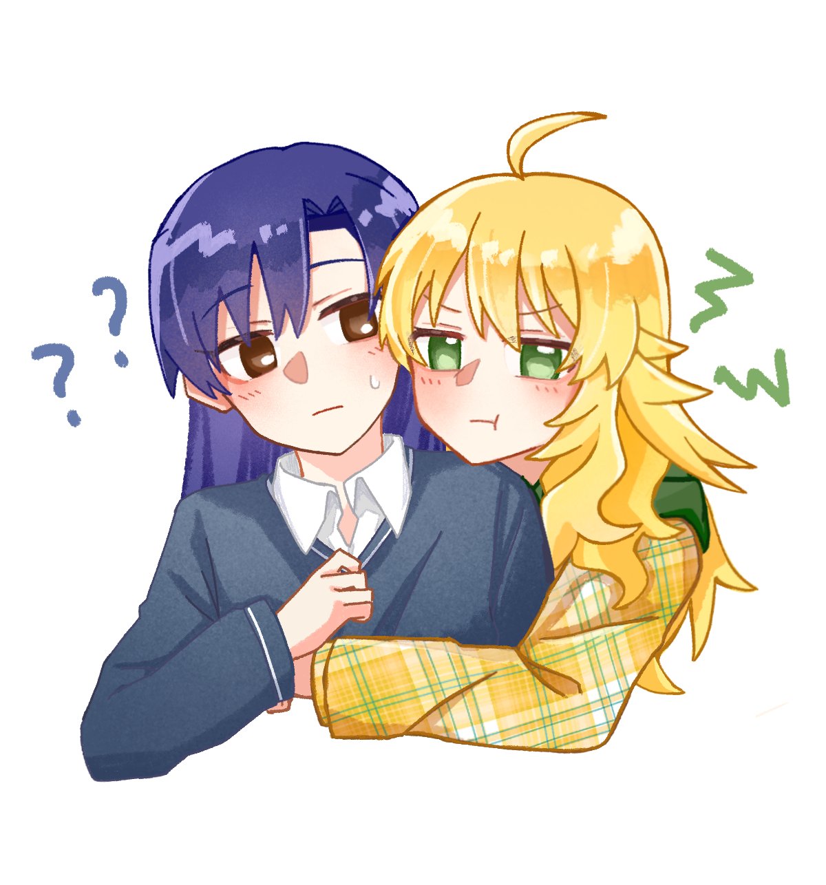 2girls, ?, ahoge, blonde_hair, blue_hair, brown_eyes, chiwawa174, closed_mouth