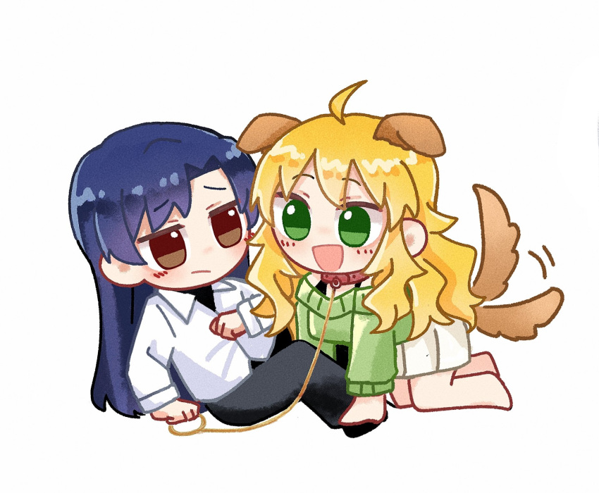 2girls, ahoge, all_fours, animal_ears, black_pants, blonde_hair, blue_hair, brown_eyes