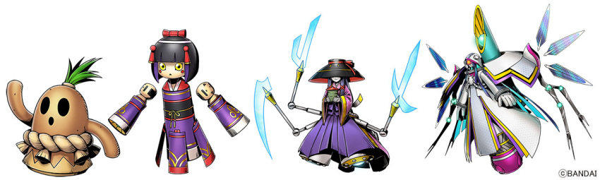 3girls, black_hair, blue_hair, detached_arm, detached_wings, digimon, digimon_(creature), digimon_card_game