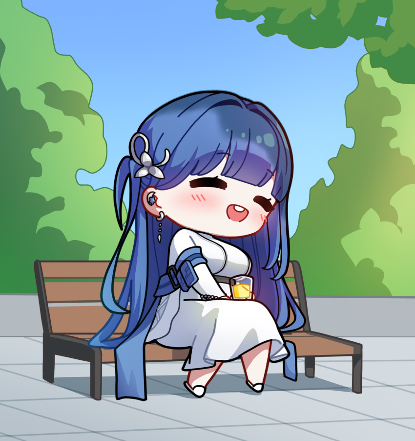 1girl, =_=, arcana_(nikke), bench, blue_hair, blue_sky, blunt_bangs, blush