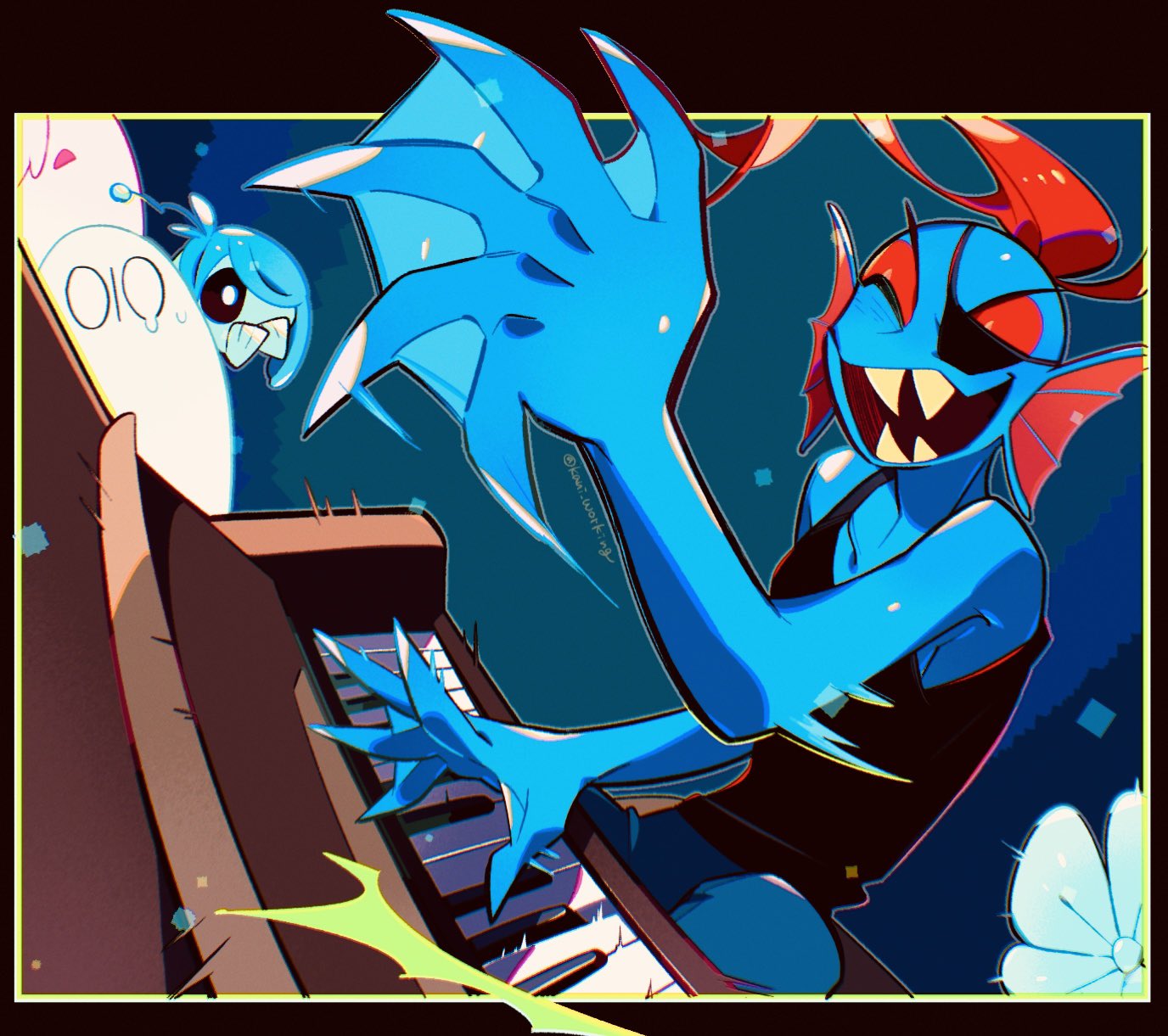 1boy, 1girl, black_border, black_tank_top, blue_flower, blue_pants, blue_skin, border