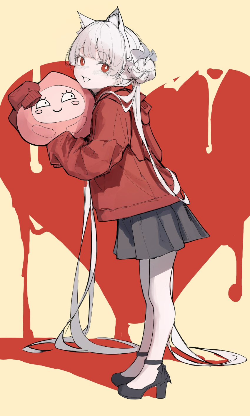 1girl, animal_ears, black_shoes, black_skirt, eyebrows_hidden_by_hair, fox_ears, from_side, full_body