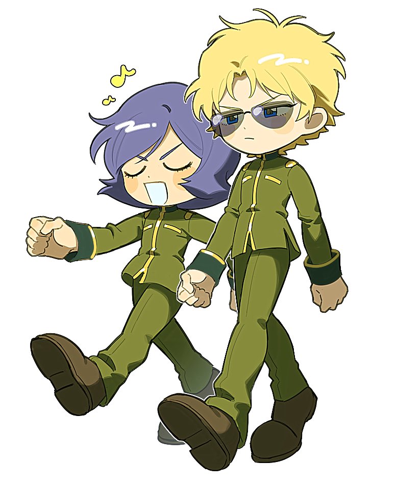 >:(, 2boys, :d, blonde_hair, brown_shoes, char_aznable, closed_eyes, closed_mouth