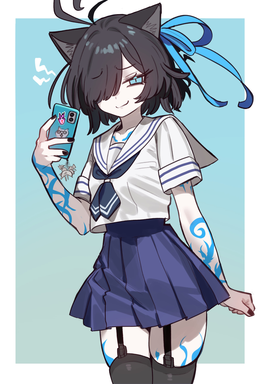 1girl, absurdres, ahoge, alternate_costume, black_hair, black_nails, black_thighhighs, blue_background