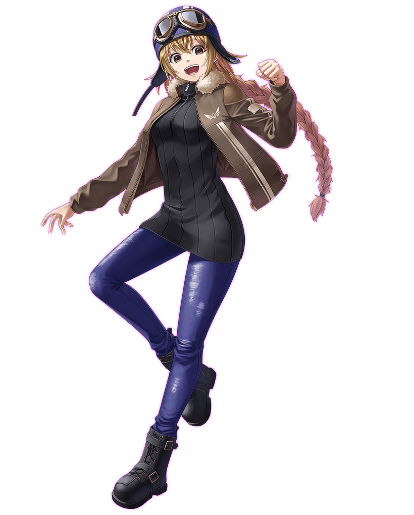 1girl, black_boots, black_sweater, blonde_hair, blue_helmet, blue_pants, boots, braid