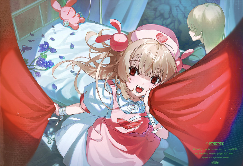 2girls, apron, bandaged_wrist, bandages, bed, blonde_hair, blush, commentary_request, flower, hair_ornament, hat, heart, heart_print, highres, long_hair, looking_at_viewer, multiple_girls, natori_sana, natori_sana_(hospital_gown), natori_sana_(nurse), nllget, nurse_cap, open_mouth, pink_apron, pink_hat, purple_flower, rabbit_hair_ornament, red_eyes, sana_channel, shirt, short_sleeves, stuffed_animal, stuffed_rabbit, stuffed_toy, teeth, virtual_youtuber, watermark, white_shirt