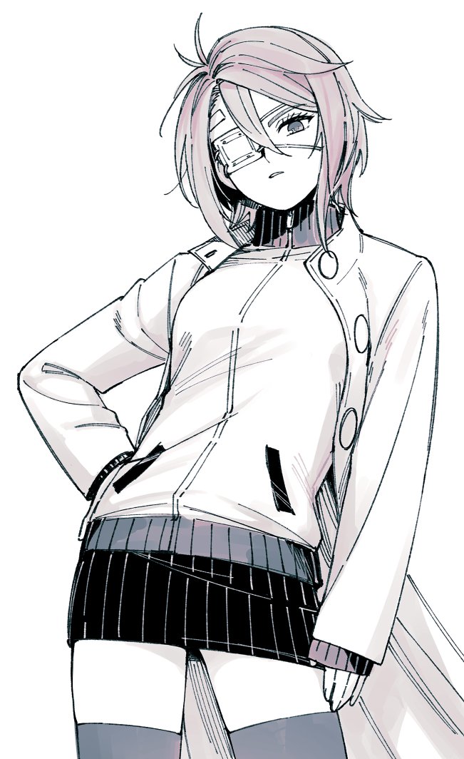 1girl, coat, ctqnue, dandadan, eyepatch, hand_on_own_hip, jacket, long_coat, looking_at_viewer, medical_eyepatch, medium_hair, muted_color, open_clothes, open_jacket, pencil_skirt, pink_hair, pleated_skirt, shiratori_aira_(dandadan), skirt, solo, trench_coat, white_background, white_coat