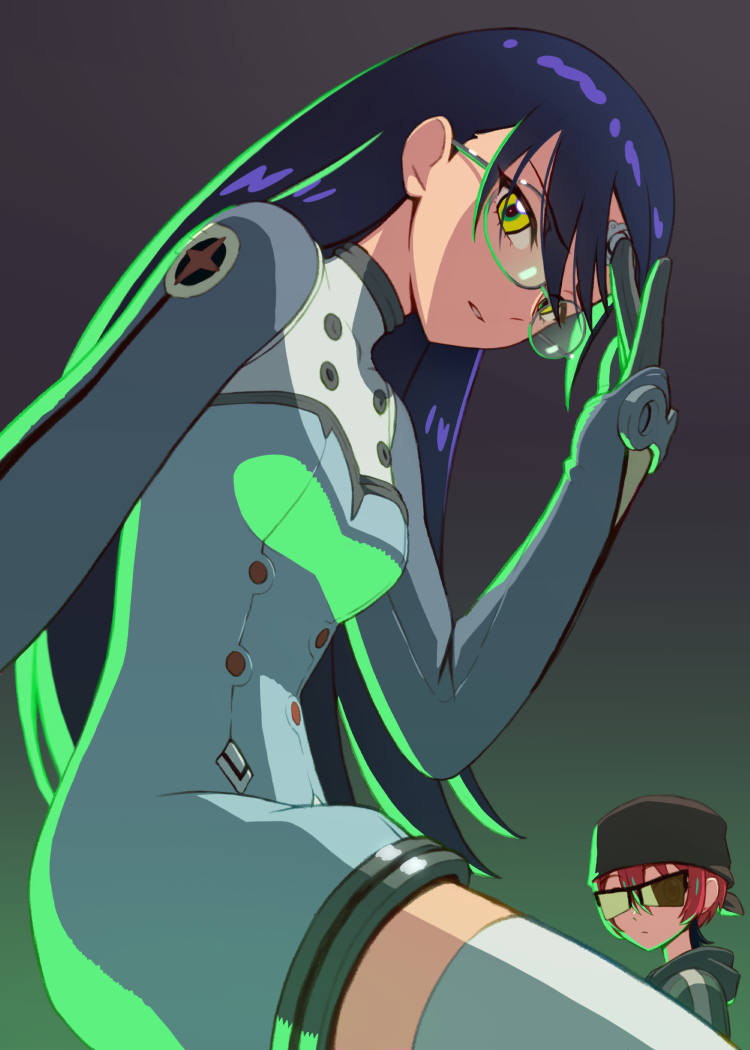 2girls, black_hair, breasts, commentary_request, cosplay, dress, glasses, gquuuuuux