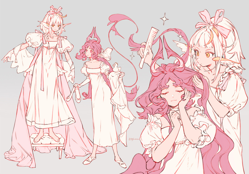 2girls, alternate_costume, arknights, braid, brushing_another's_hair, brushing_hair, closed_eyes, comb, demon_horns, demon_tail, dress, full_body, grain_buds_(arknights), grey_background, head_wings, highres, holding, holding_comb, holding_shoes, horns, long_hair, multiple_girls, multiple_views, nymph_(arknights), pink_eyes, pink_hair, pointy_ears, ponytail, puffy_short_sleeves, puffy_sleeves, shawl, shoes, short_sleeves, side_braid, simple_background, standing_on_stool, tail, twitter_username, upper_body, very_long_hair, white_dress, white_shawl, white_shoes, wings, yellow_eyes, yuji_(fantasia)