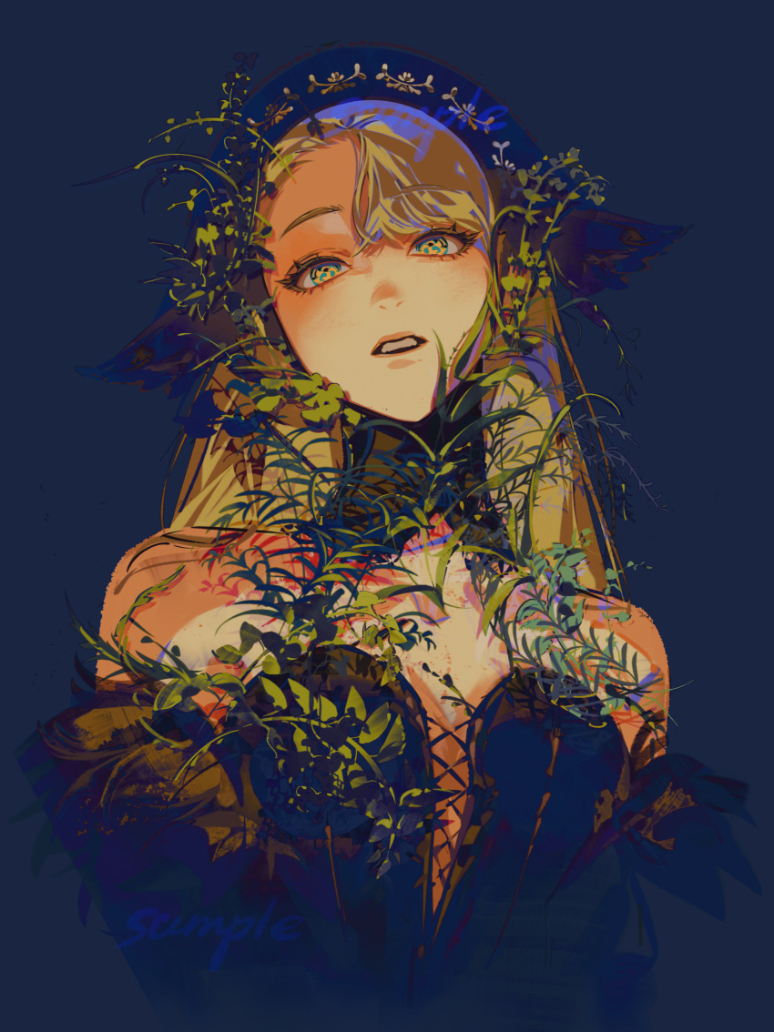 1girl, absurdres, bare_shoulders, black_dress, blonde_hair, blue_background, chinese_commentary, commentary_request