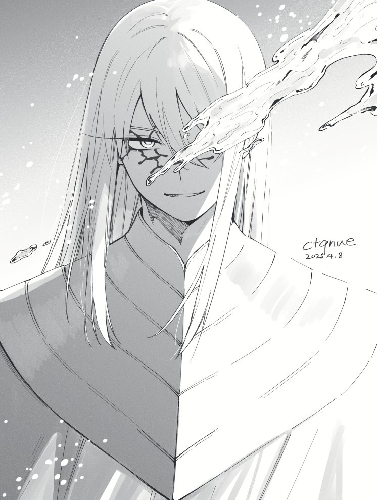 1boy, arkos_(centuria), armor, artist_name, cape, centuria_(manga), ctqnue, dated, facial_mark, greyscale, hydrokinesis, long_bangs, long_hair, magic, monochrome, one_eye_covered, smirk, smug, solo, water, water_drop