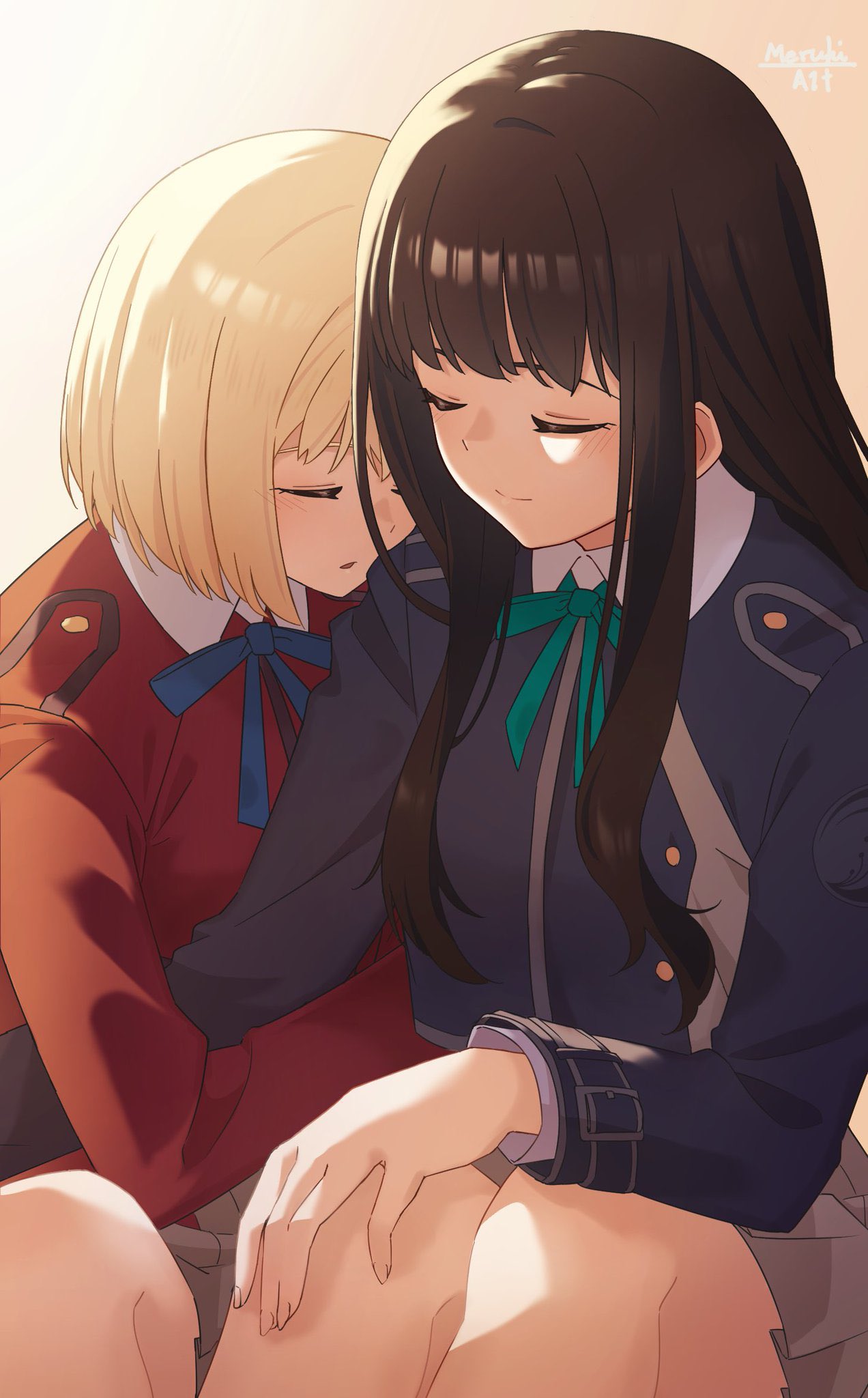2girls, arm_hug, black_hair, blonde_hair, blue_dress, blue_ribbon, blush, closed_eyes, closed_mouth, commentary_request, dress, gradient_background, green_ribbon, head_on_another's_shoulder, highres, inoue_takina, long_hair, lycoris_recoil, lycoris_uniform, medium_hair, meruki, multiple_girls, neck_ribbon, nishikigi_chisato, parted_lips, pink_background, ribbon, sleeping, smile, yellow_background, yuri