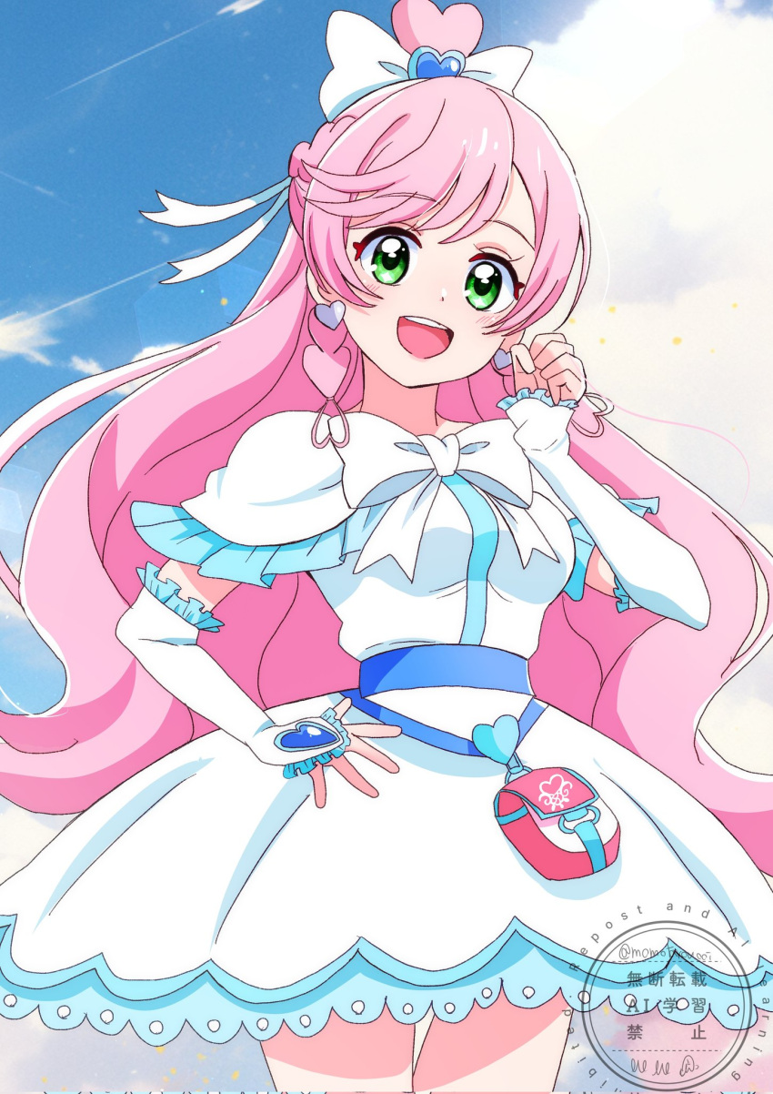 1girl, :d, ahoge, arm_warmers, blue_sky, blush, bow, braid