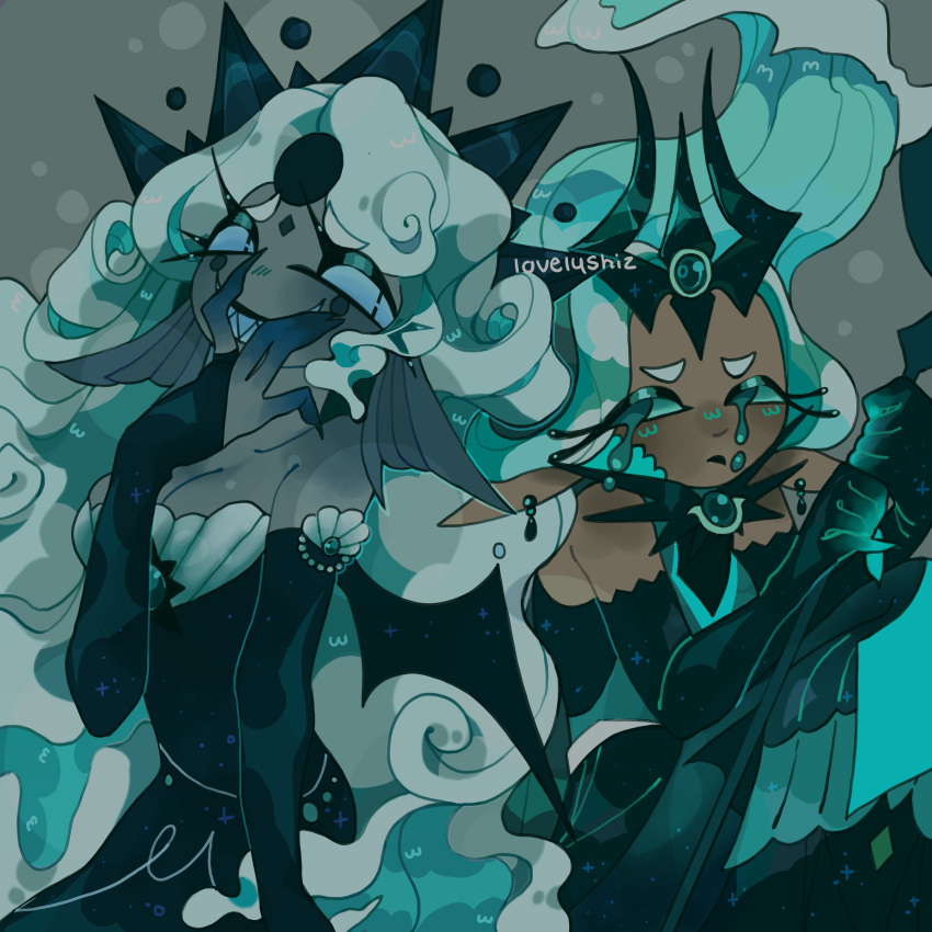 2girls, absurdres, black_pearl_cookie, colored_skin, cookie_run, cookie_run:_kingdom, crown, curly_hair