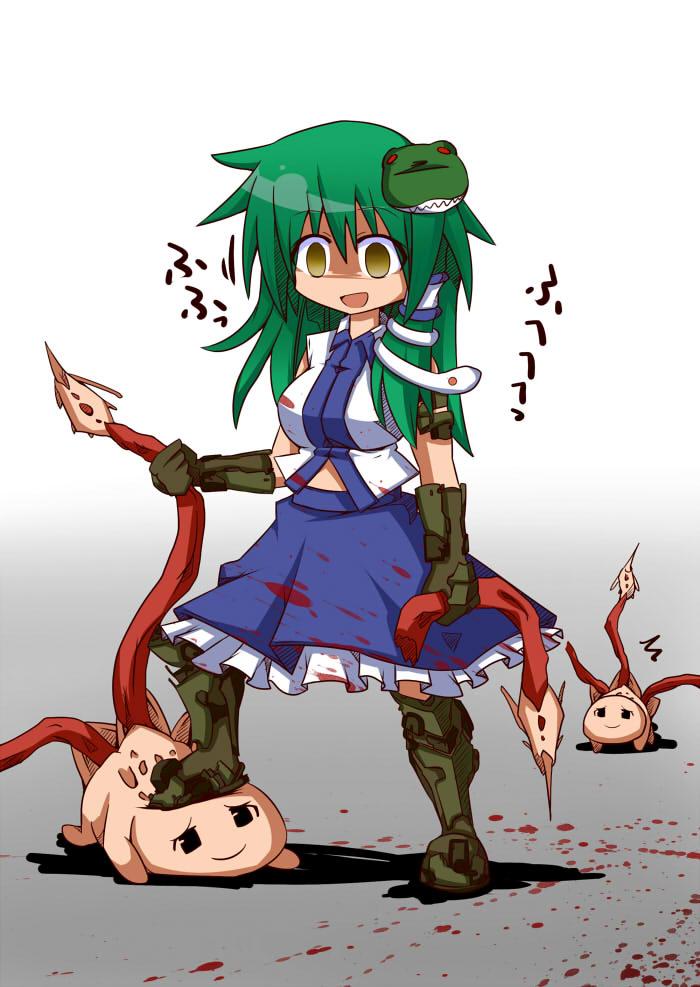 blood, blood_on_clothes, blood_on_face, bloody_clothes, boots, crazy, crazy_eyes, dead_space, empty_eyes, frog, gloves, green_hair, hair_ornament, honehone, kochiya_sanae, long_hair, lurker_(dead_space), necromorph, snake, solo, tentacle, tentacles, touhou, yandere, yellow_eyes, yukkuri_shiteitte_ne