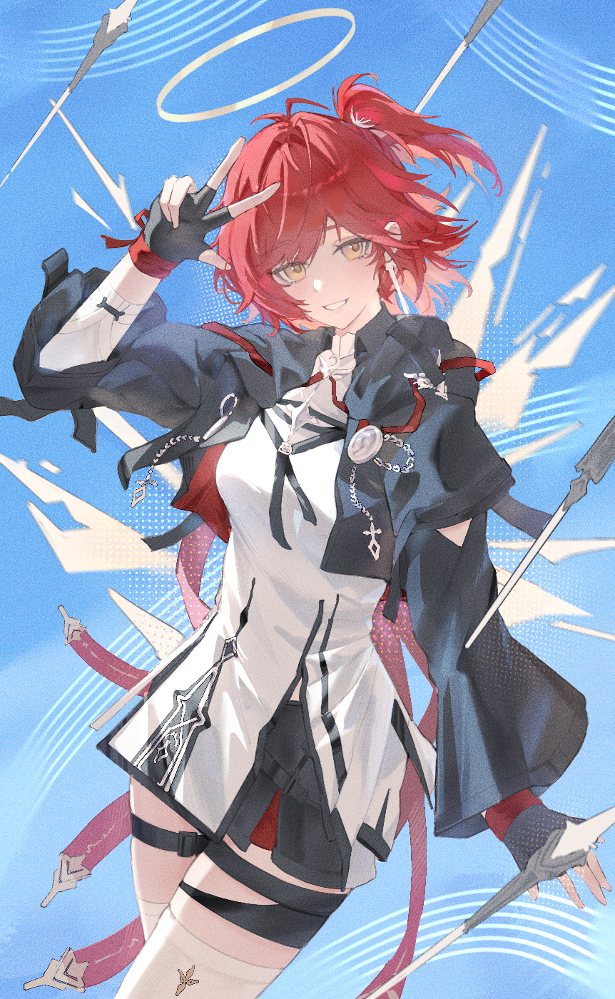 1girl, :d, arknights, arm_up, black_gloves, black_jacket, commentary, cowboy_shot