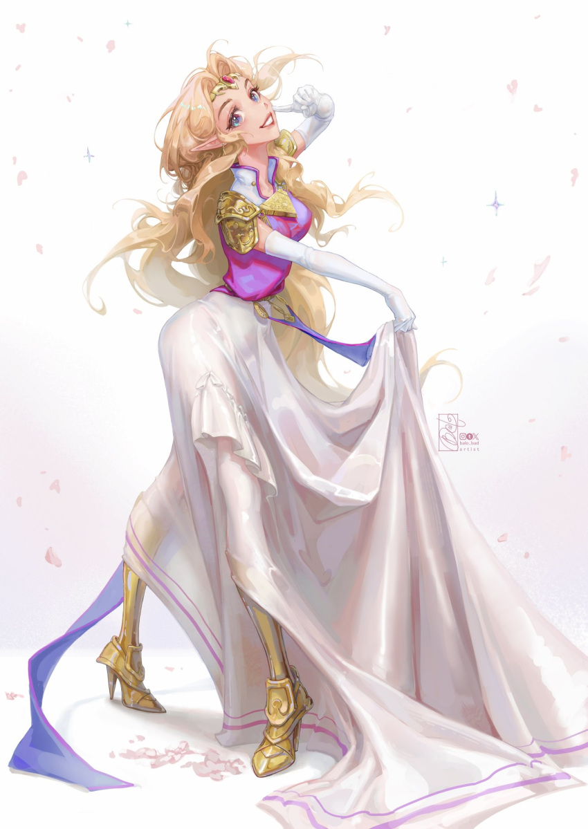 1girl, armor, armored_boots, artist_name, balo_badartist, blonde_hair, blue_eyes, blue_tabard, boots, breasts, circlet, collared_dress, commentary, curtained_hair, dress, earrings, elbow_gloves, falling_petals, finger_to_face, floating_hair, frilled_dress, frills, from_side, full_body, gem, gloves, gold_armor, gold_belt, gold_boots, gold_circlet, gold_earrings, gold_greaves, gown, greaves, grin, hand_up, head_tilt, high_heels, highres, hylian_crest, instagram_logo, jewelry, long_dress, long_hair, looking_at_viewer, medium_breasts, pauldrons, petals, pink_lips, pointy_ears, princess_zelda, purple_shirt, purple_trim, raised_eyebrows, red_gemstone, see-through_silhouette, semi-transparent_dress, shirt, shoulder_armor, sidelocks, signature, simple_background, skirt_hold, sleeveless, sleeveless_dress, smile, solo, sparkle, standing, symbol-only_commentary, tabard, taut_clothes, the_legend_of_zelda, the_legend_of_zelda:_ocarina_of_time, translucent, triangle_earrings, triforce, tumblr_logo, twitter_x_logo, very_long_hair, white_background, white_dress, white_gloves