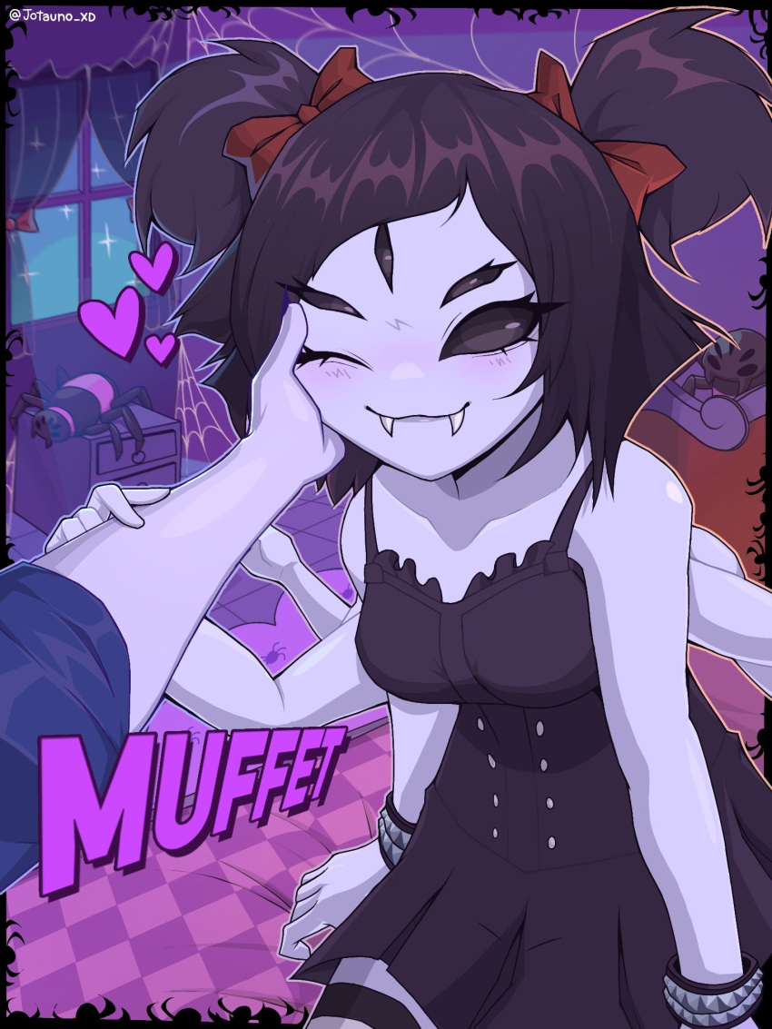 armlet, blush, caressing_cheek, checkered_floor, dress, fangs, goth, hands, heart, jotauno_xd, muffet, spider, spider_girl, spider_web, twintails, undertale