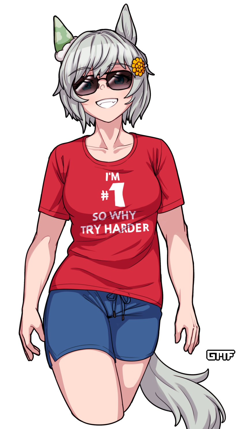 1girl, absurdres, alternate_costume, animal_ears, artist_logo, blue_eyes, blue_shorts, collarbone, commentary, cropped_legs, ear_covers, english_commentary, english_text, fatboy_slim, flower, gmf_(0gmf0), grey_hair, grin, hair_flower, hair_ornament, highres, horse_ears, horse_girl, horse_tail, logo, looking_at_viewer, red_shirt, seiun_sky_(umamusume), shirt, short_hair, short_sleeves, shorts, simple_background, single_ear_cover, smile, solo, sunglasses, t-shirt, tail, thighs, umamusume, white_background, yellow_flower
