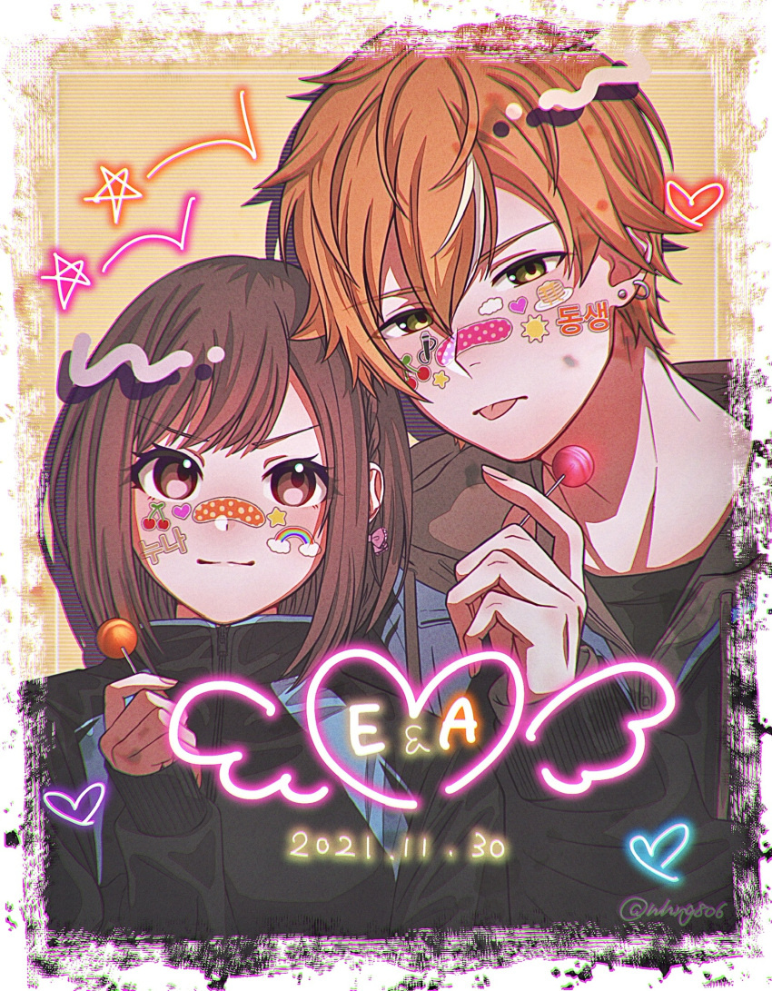 1boy, 1girl, 2021, :3, bandaid, bandaid_on_face, bandaid_on_nose, black_jackeet