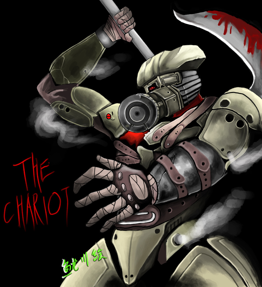 1boy, armor, armored_bodysuit, black_background, chariot_(house_of_the_dead), halberd, house_of_the_dead, house_of_the_dead_scarlet_dawn
