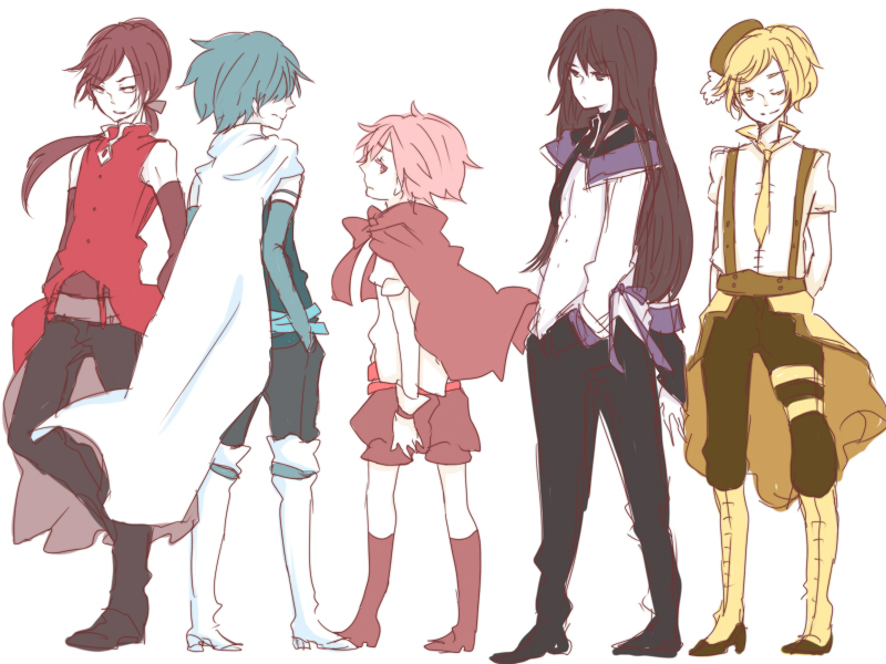 5boys, akemi_homura, armor, black_eyes, black_hair, blonde_hair, blue_hair, cape