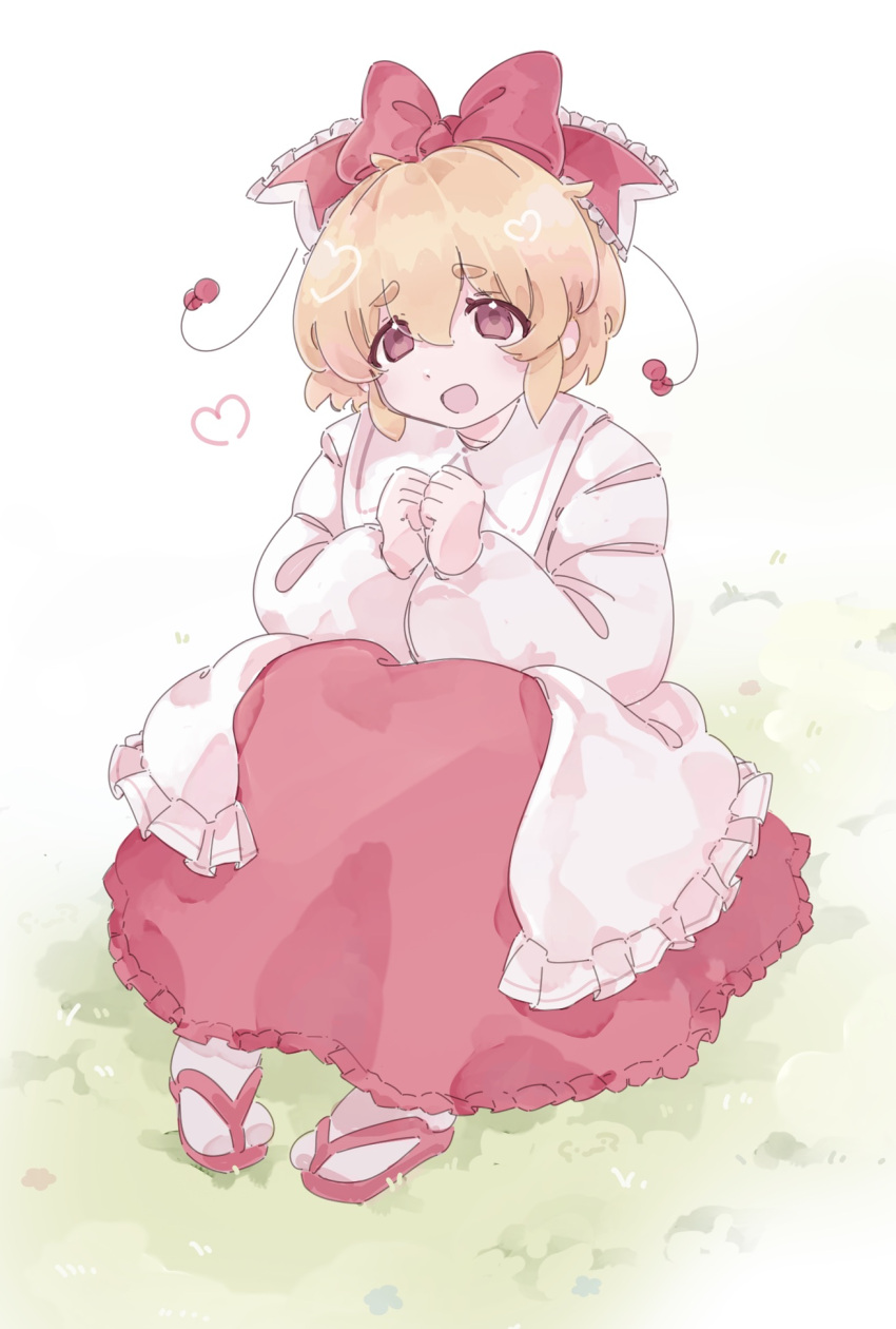 1girl, blonde_hair, bow, frills, grass, hair_bow, hair_ornament, hair_ribbon, heart, highres, japanese_clothes, kariginu, long_sleeves, on_grass, on_ground, rave_(xenodrug), red_bow, red_skirt, red_slippers, ribbon, satsuki_rin, shirt, short_hair, skirt, slippers, solo, touhou, white_shirt