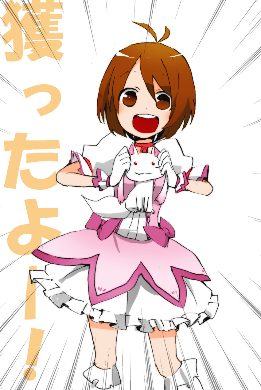 brown_hair, cheek_pinching, cheek_pull, cheek_tug, cosplay, cute_&amp;_girly_(idolmaster), dress, emphasis_lines