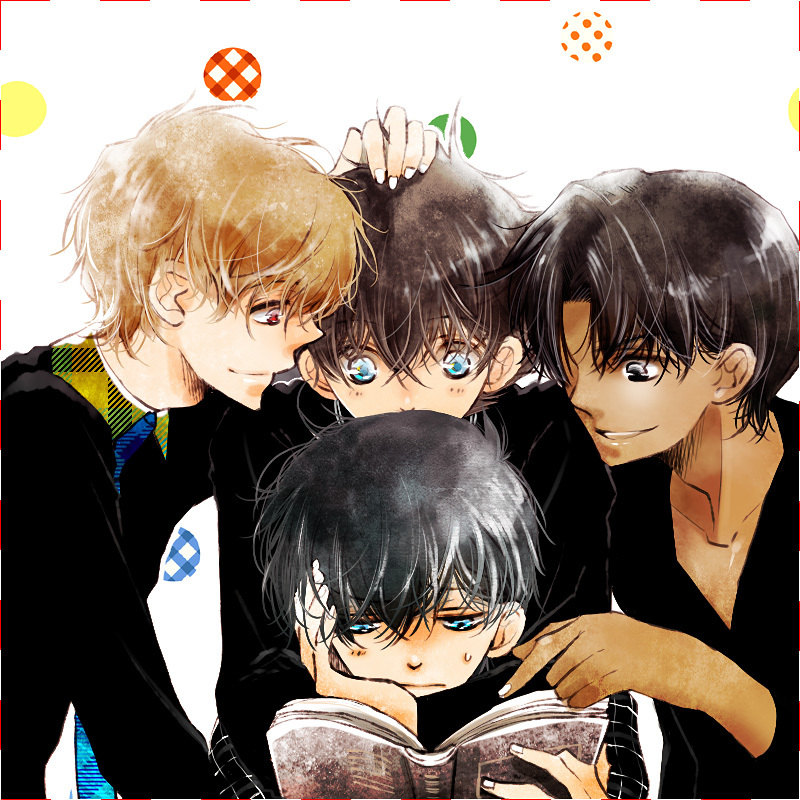 4boys, black_clothes, black_eyes, black_hair, blonde_hair, blue_eyes, book, brown_hair, creator_connection, dark_skin, detective_conan, grey_eyes, hakuba_saguru, hattori_heiji, kudou_shin'ichi, kudou_shinichi, kuroba_kaitou, magic_kaito, male, meitantei_conan, multiple_boys, nail_polish, necktie, pointing, reading, red_eyes, saguru_hakuba, short_hair, simple_background, smile, sweatdrop, tennen_hz, white_fingernails