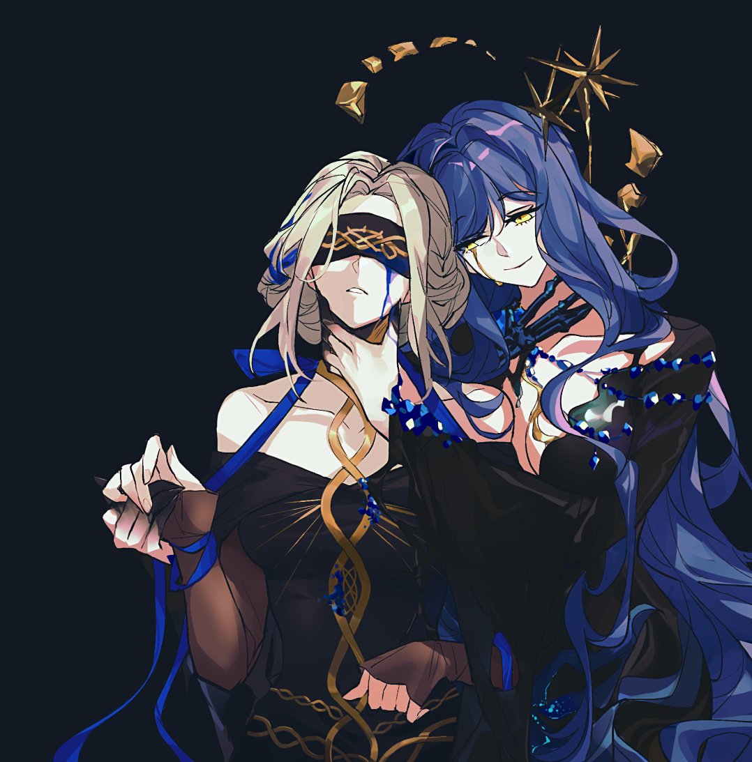 2girls, arcana_(reverse:1999), bare_shoulders, black_background, black_blindfold, black_claws, black_dress, blindfold