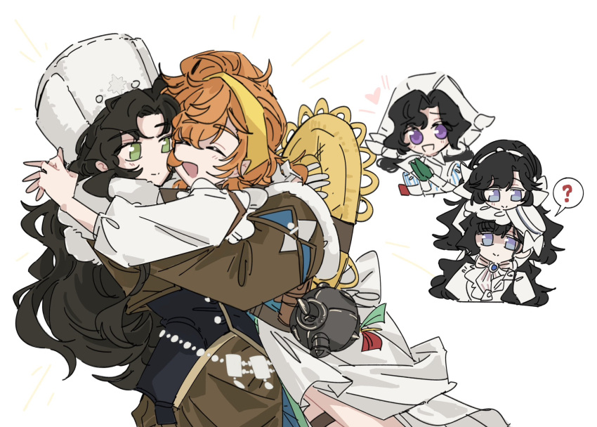 5girls, ?, anjo_nala, black_hair, blue_eyes, brown_hair, brown_skirt, closed_eyes, gelinzzz, green_eyes, hat, heart, highres, hug, isolde_(reverse:1999), long_hair, lopera_(reverse:1999), moldir_(reverse:1999), multiple_girls, orange_hair, purple_hair, reverse:1999, skirt, smile, straw_hat, white_background, white_skirt, yuri