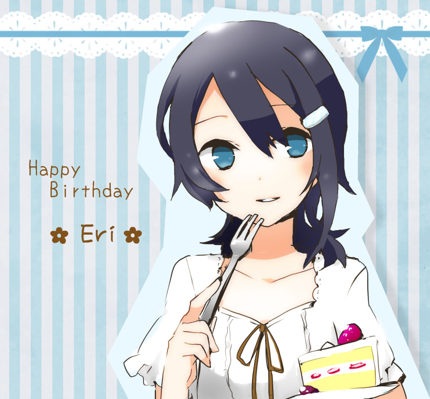 blue_hair, blush, cake, food, fork, hair_ornament, hairclip, happy_birthday