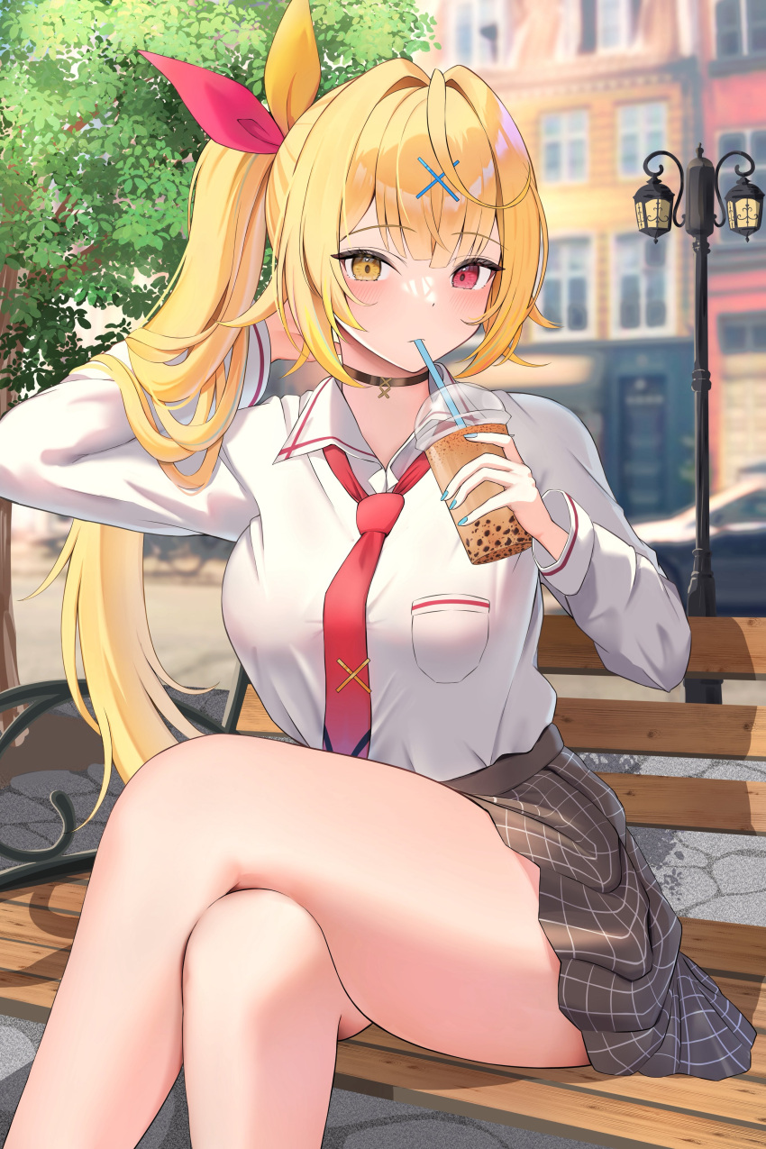 1girl, absurdres, black_choker, blonde_hair, blue_nails, blurry, blurry_background, bubble_tea