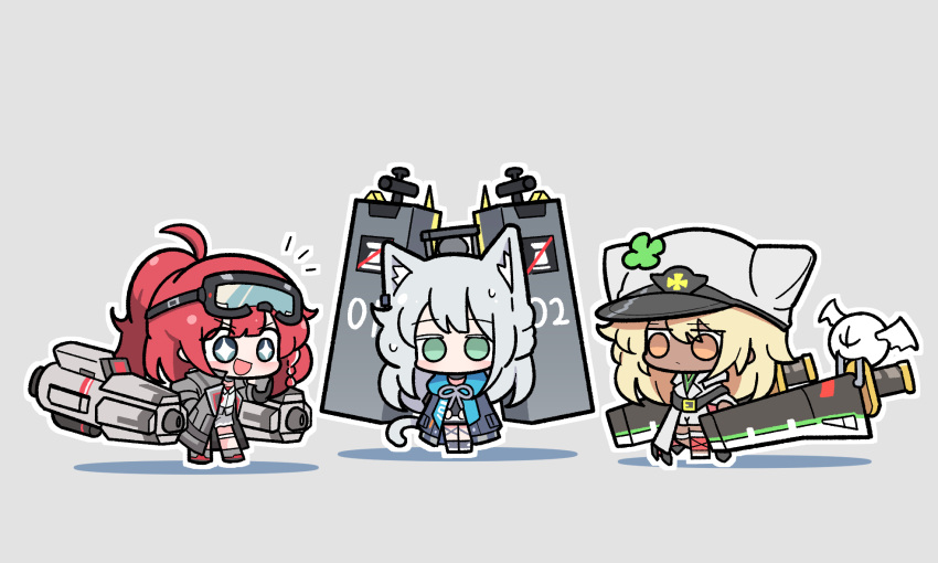 +_+, 3girls, :d, animal_ears, arknights, black_survival, blonde_hair, cat_ears