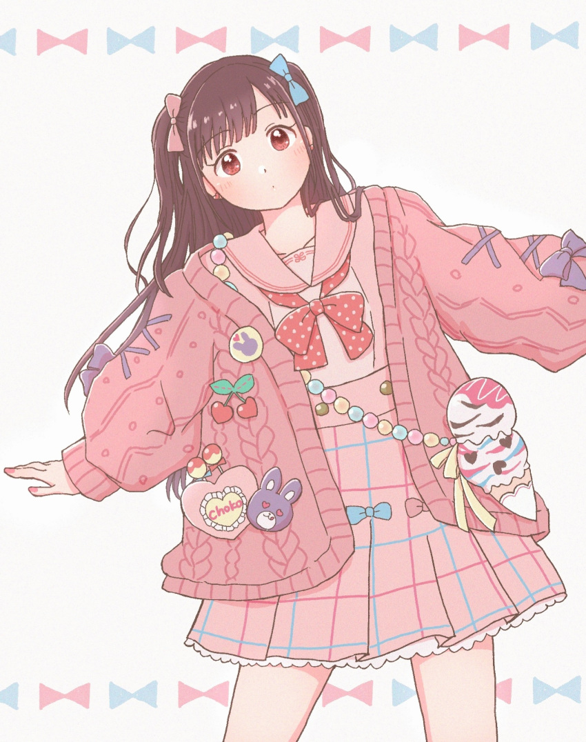 1girl, bow, brown_eyes, brown_hair, cardigan, cowboy_shot, earrings, frilled_skirt