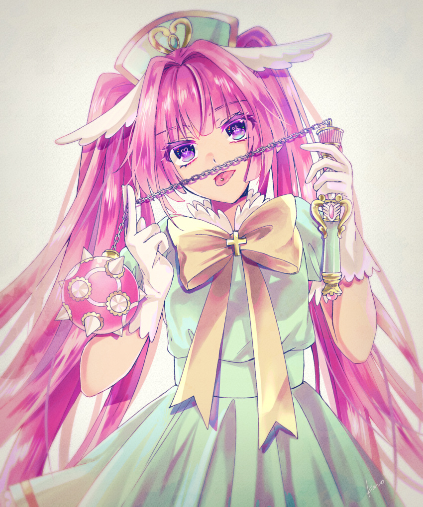 1girl, absurdres, ball_and_chain_(weapon), bow, commentary, cross_in_eye, dame_x_prince, dress