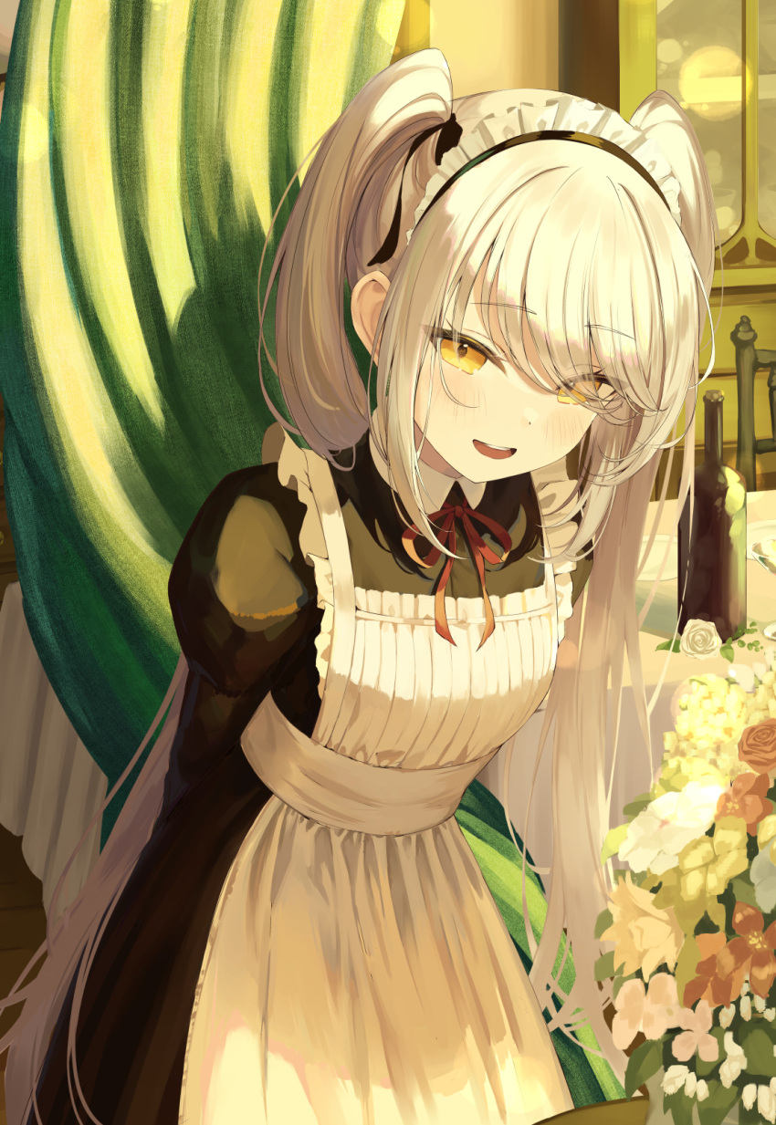 1girl, akie_(44265104), apron, arms_behind_back, black_dress, bouquet, commentary_request, cowboy_shot