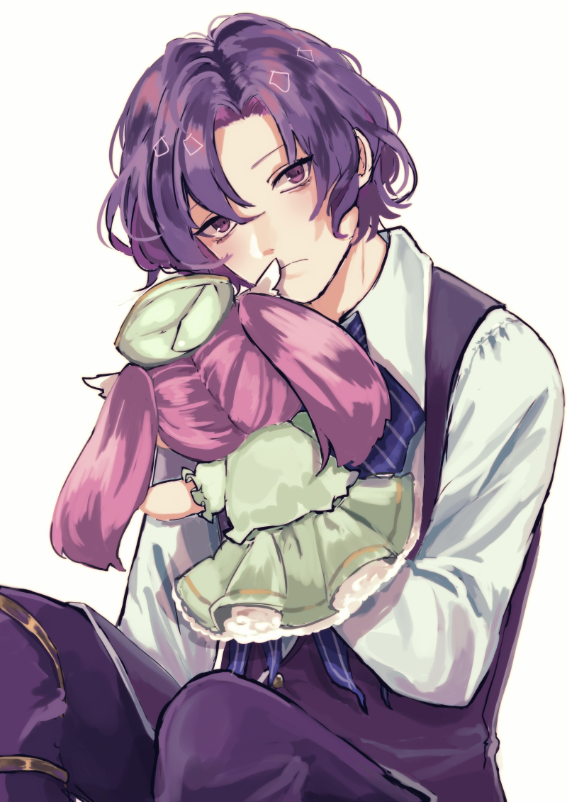 1boy, bags_under_eyes, black_vest, closed_mouth, dame_x_prince, hand_puppet, kyuaran, long_sleeves