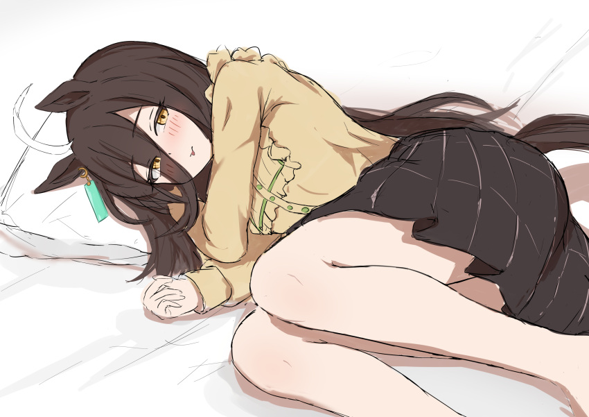 1girl, absurdres, ahoge, animal_ears, ass, black_hair, black_skirt, blush, closed_mouth, ear_tag, earrings, eyes_visible_through_hair, frilled_shirt, frills, highres, hojichabu, horse_ears, horse_girl, horse_tail, jewelry, long_hair, long_sleeves, looking_at_viewer, lying, manhattan_cafe_(umamusume), multicolored_hair, on_side, plaid_clothes, plaid_skirt, shirt, single_earring, skirt, solo, tail, thighs, tongue, tongue_out, umamusume, very_long_hair, white_hair, yellow_eyes, yellow_shirt, yellow_skirt