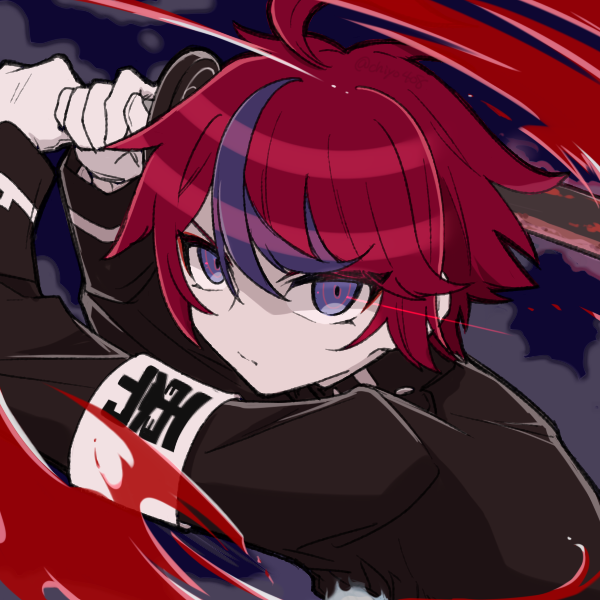 1boy, ahoge, armband, arms_up, black_jacket, blue_eyes, chiyo408, gloves