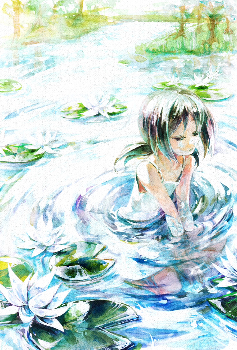alternate_costume, black_hair, brown_hair, child, dress, eyelashes, faux_traditional_media, kaai_yuki, lily_pad, low_twintails, plus7, sitting, solo, submerged, traditional_media, twintails, vocaloid, water, white_dress
