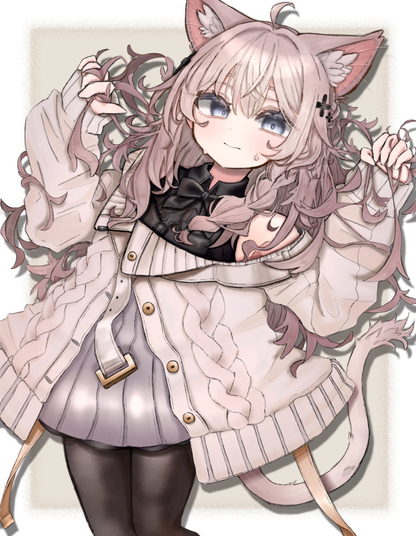 1girl, ahoge, animal_ear_fluff, animal_ears, black_bow, black_pantyhose, black_shirt, blue_eyes, blush, bow, bowtie, braid, brown_hair, cardigan, cat_ears, cat_girl, cat_tail, collared_shirt, grey_eyes, grey_skirt, hasuboniru, highres, holding, long_hair, long_sleeves, looking_at_viewer, off_shoulder, open_cardigan, open_clothes, pantyhose, shinano_(vrchat), shirt, skirt, sleeveless, sleeveless_shirt, sleeves_past_wrists, smile, solo, sweatdrop, sweater, tail, vrchat, white_cardigan