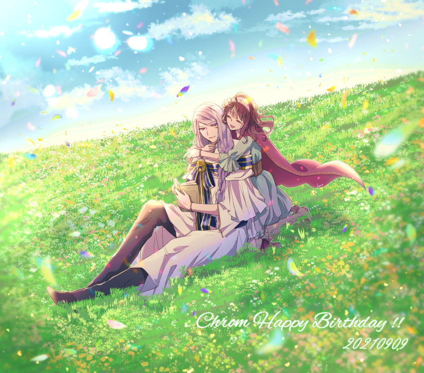 1boy, 1girl, absurdres, ani_inako, black_pants, blue_dress, blue_sky, book