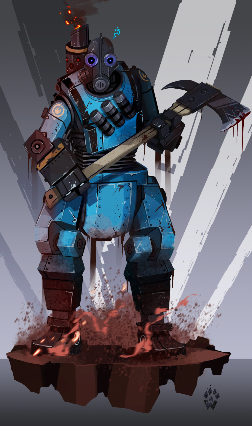 absurdres, armor, artist_logo, axe, blood, blood_on_weapon, blu_pyro_(tf2), blue_armor, blue_eyes, electricity, embers, english_commentary, explosive, facing_viewer, fire, glowing, glowing_eyes, grenade, grey_background, highres, holding, holding_axe, humanoid_robot, joints, logo, looking_at_viewer, pyro_(tf2), rivets, robot, robot_joints, scratched_paint, scratches, smoke, smokestack, team_fortress_2, weapon, wolfdawg_art