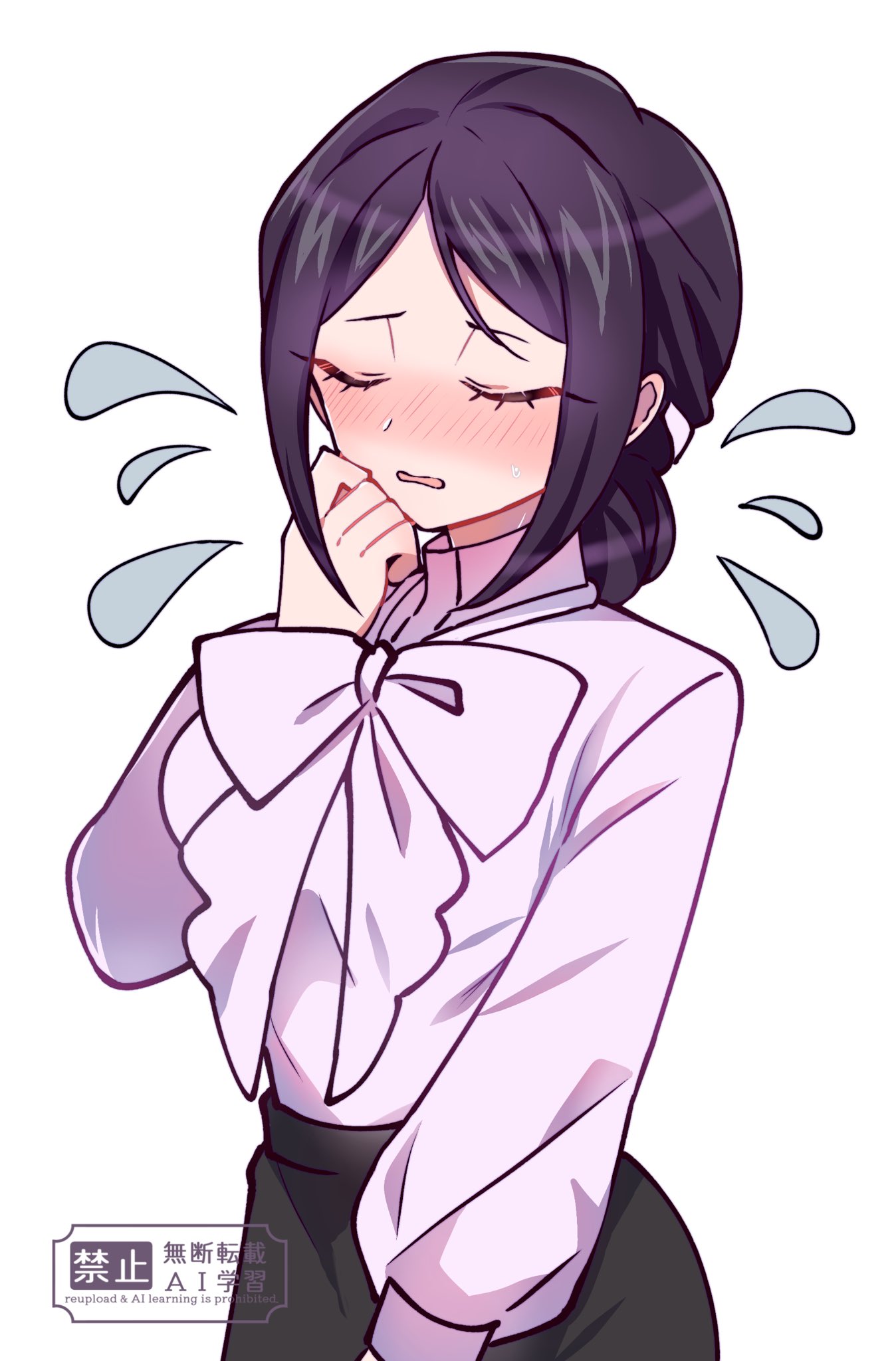 1girl, black_hair, black_skirt, blush, bow, bowtie, closed_eyes, commentary