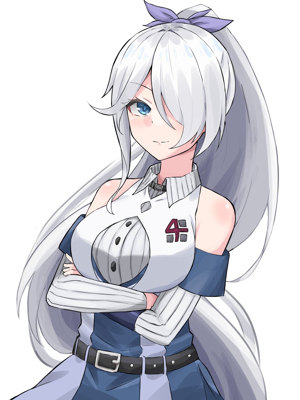 1girl, baseball_uniform, belt, belt_buckle, black_belt, blue_eyes, bow, buckle, cinderella_series, closed_mouth, cowboy_shot, crossed_arms, detached_sleeves, dress, hachigatsu_no_cinderella_nine, hair_bow, hair_over_one_eye, high_ponytail, highres, kusakari_rena, long_hair, looking_at_viewer, michiruri, one_eye_covered, ponytail, purple_bow, simple_background, sleeveless, sleeveless_dress, smile, solo, sportswear, standing, white_background, white_hair