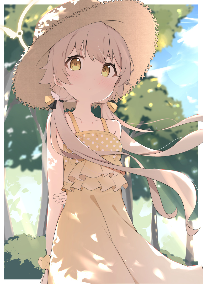 1girl, absurdres, alternate_costume, arms_behind_back, bare_shoulders, blue_archive, blush, brown_dress