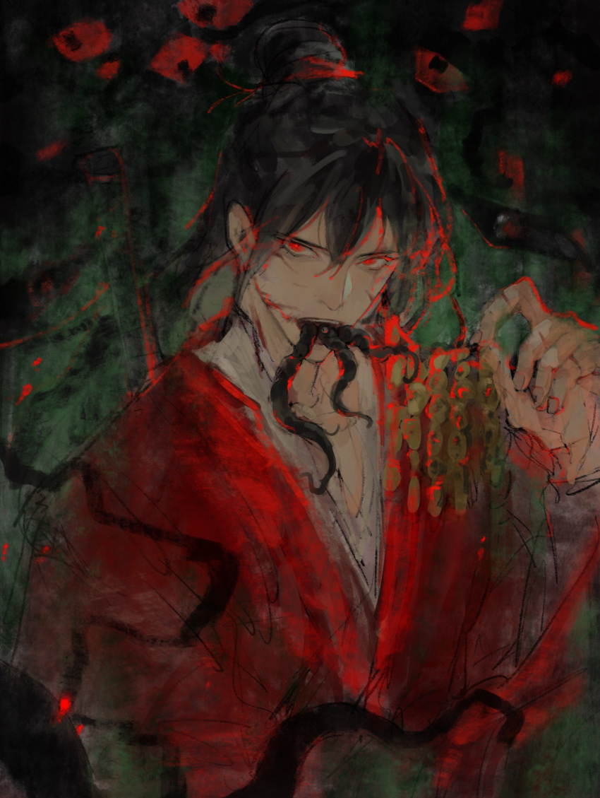 1boy, black_hair, blood, blood_on_face, chinese_clothes, chinese_commentary, coin, coin_mask