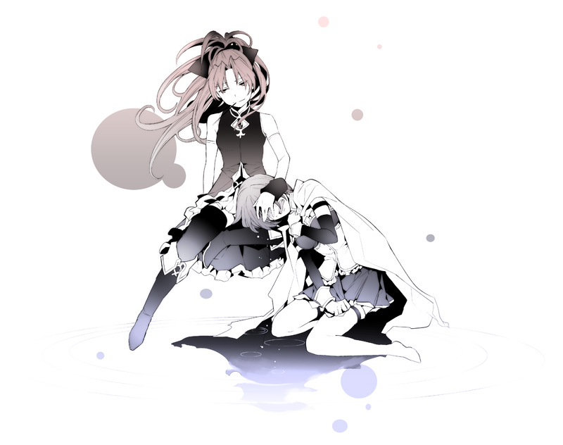 bare_shoulders, blue_hair, boots, bow, cape, crying, detached_sleeves, gloves